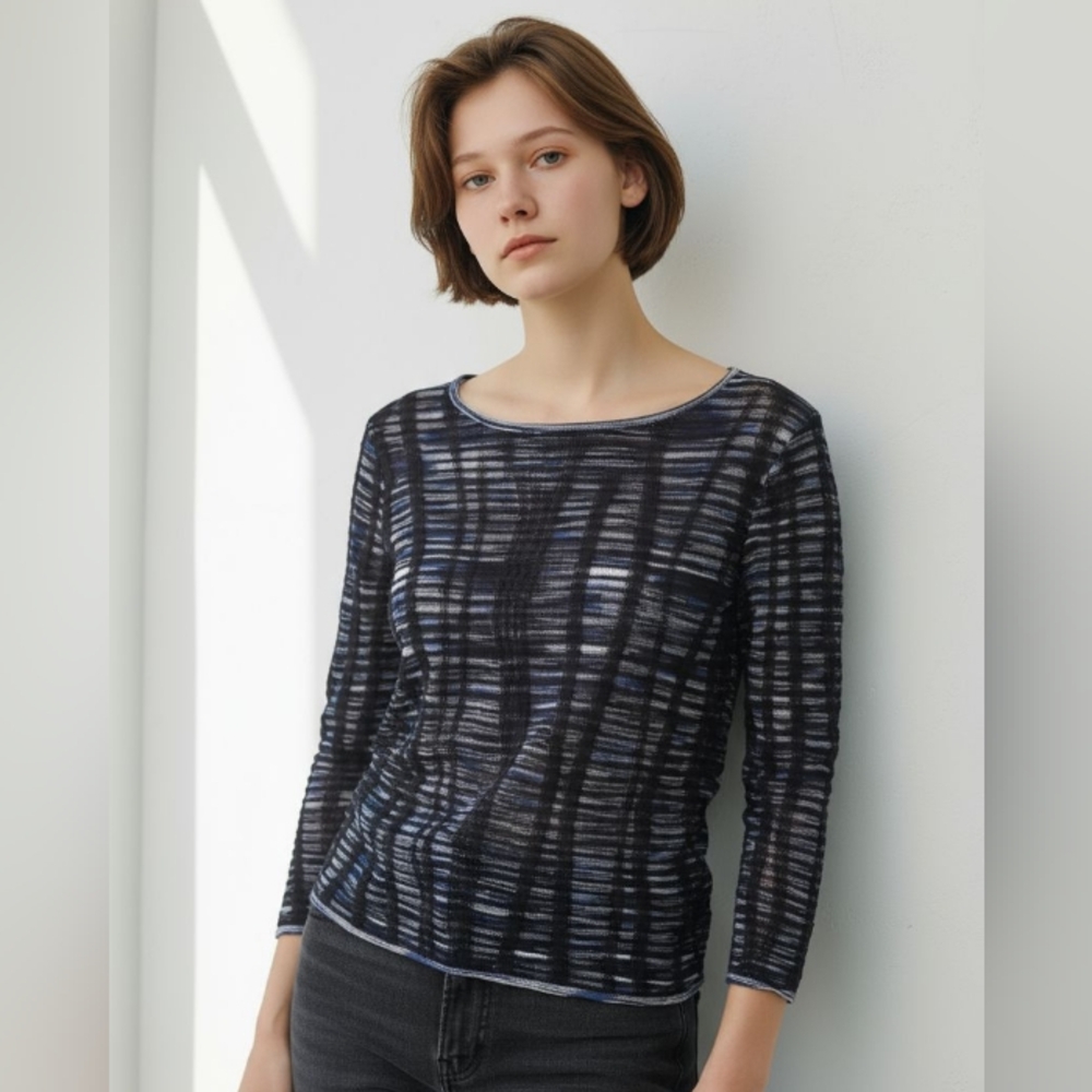 Jones New York Black and Blue Patterned Long Sleeve Top